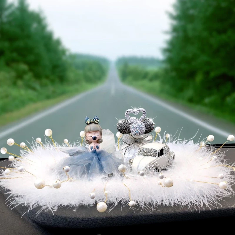 Doll & Rhinestone Car Dashboard Set - Faux Fur & Pearl Accent Decor