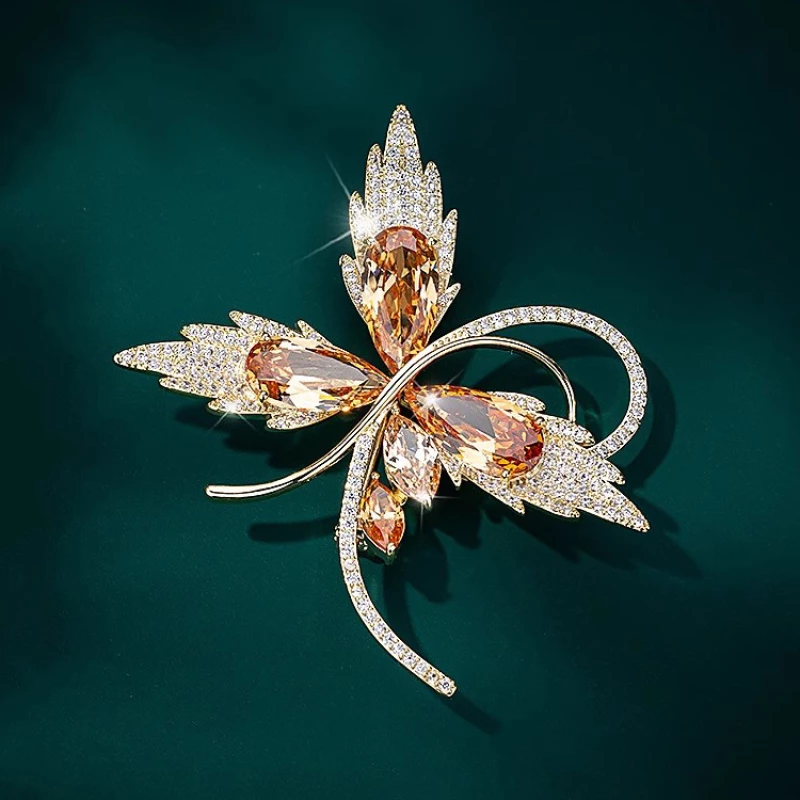 Gold-Toned Alloy Butterfly Brooch with Amber Artificial Stones & Cubic Zirconia - Elegant Fashion Accessory