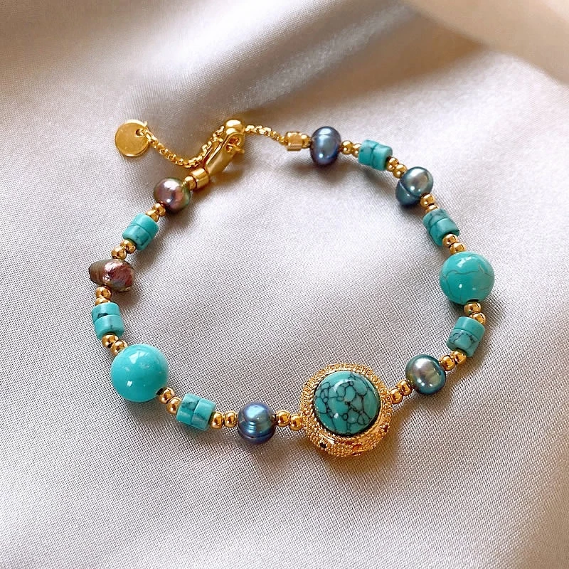 Gold-Tone Alloy Faux Turquoise & Pearl Beaded Bracelet - Women's Fashion Jewelry