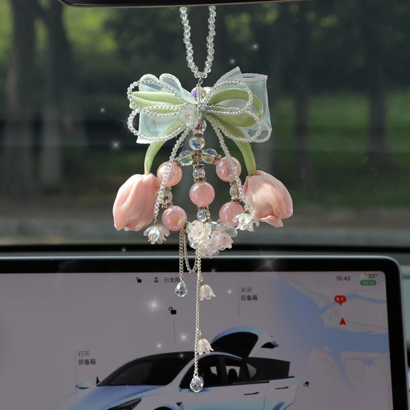 Tulip & Bow Car Rearview Mirror Hanging Ornament (Artificial Beads)