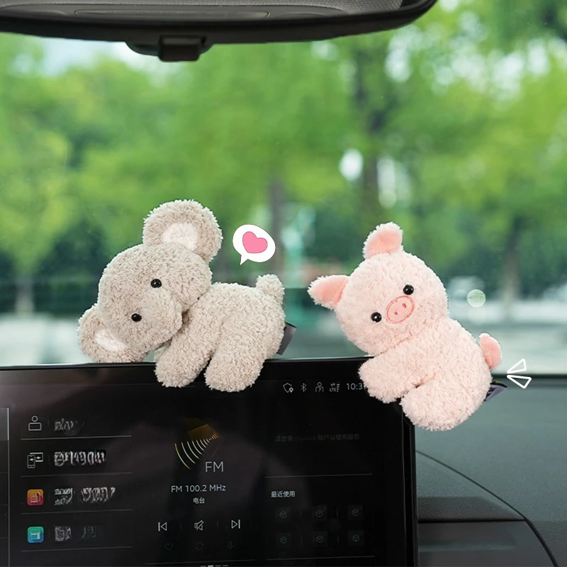 Cute Elephant & Pig Plush Car Dashboard Decor Set