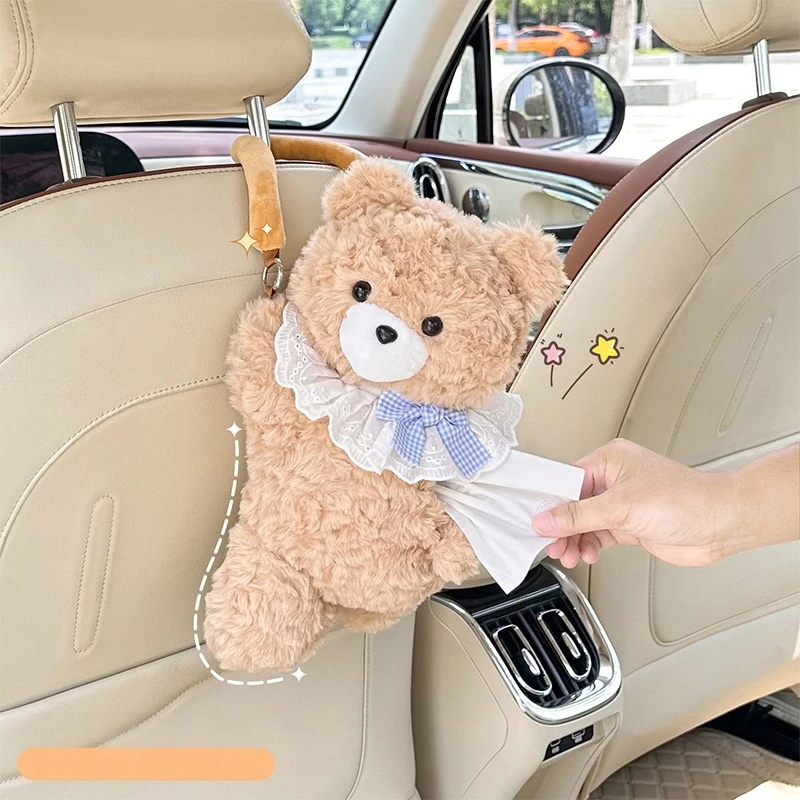 Lace-Bow Teddy Bear Plush Car Seat Back Tissue Holder