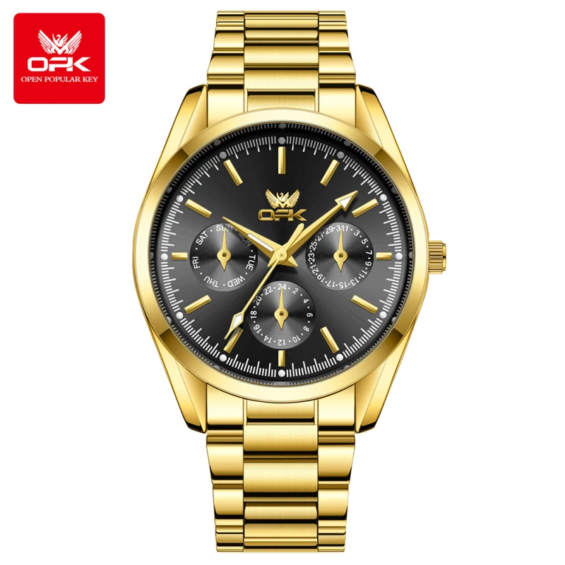 OPK Men's Gold-Tone Alloy Quartz Watch with Black Dial and Multi-Function Sub-Dials
