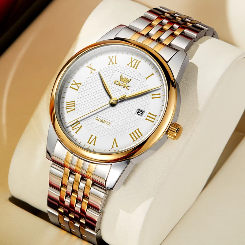 OPK Men's Two-Tone Alloy Quartz Watch with White Dial, Date Display and Roman Numeral Markers