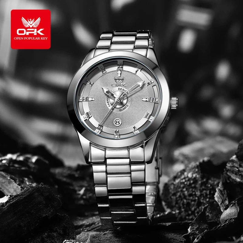 OPK Men's Silver Alloy Quartz Watch with Textured Dial and Date Display