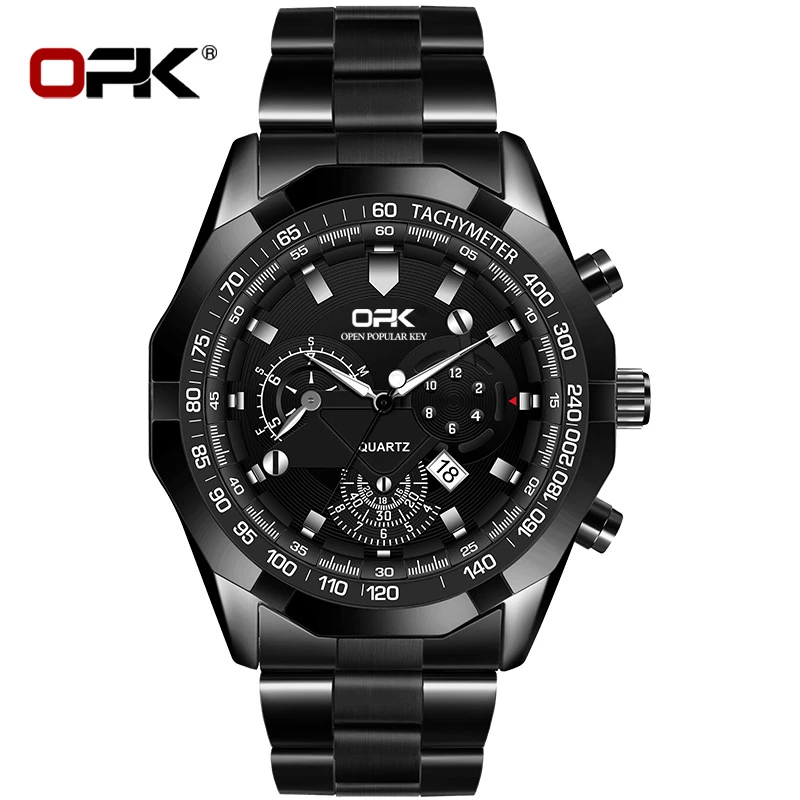 OPK Men's Black Alloy Quartz Watch with Tachymeter Scale, Sub-Dials and Date Display
