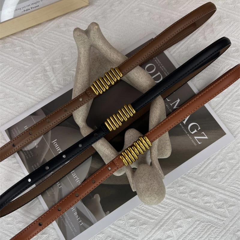 Women's Fashion Leather Waist Belt with Gold-Tone Alloy Accent