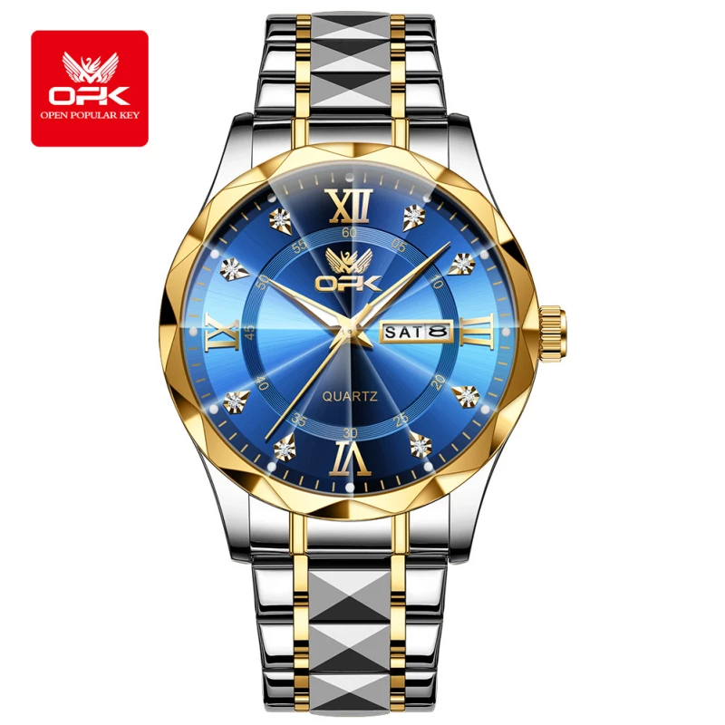 OPK Men's Two-Tone Alloy Quartz Watch with Blue Dial, Dual Day-Date Display and Decorative Cubic Zirconia Accents