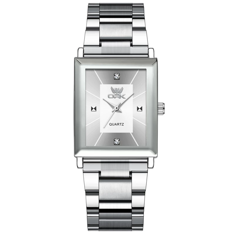 OPK Unisex Silver Alloy Quartz Watch with Square Dial and Decorative Cubic Zirconia Accents