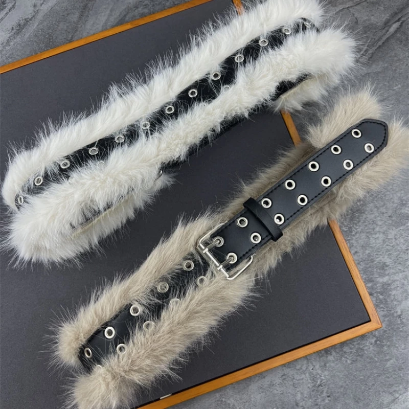 Women's Fashion Leather Belt with Alloy Buckle and Faux Fur Accent
