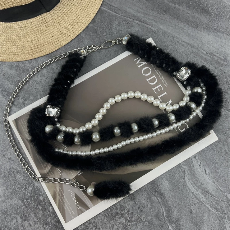 Women's Fashion Faux Fur Belt with Faux Pearl and Alloy Accents