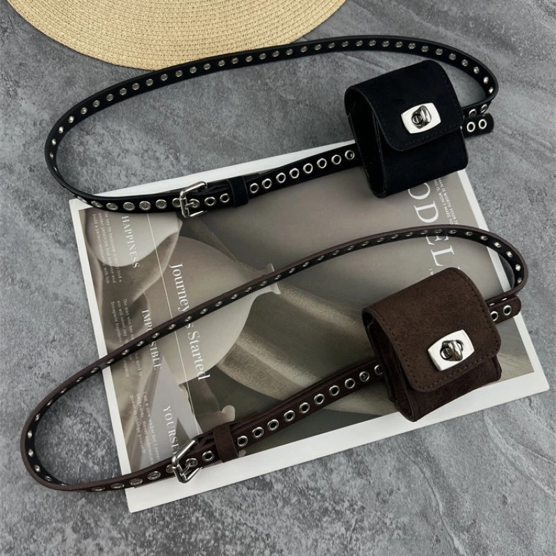 Women's Fashion Leather Belt with Attached Mini Leather Pouch