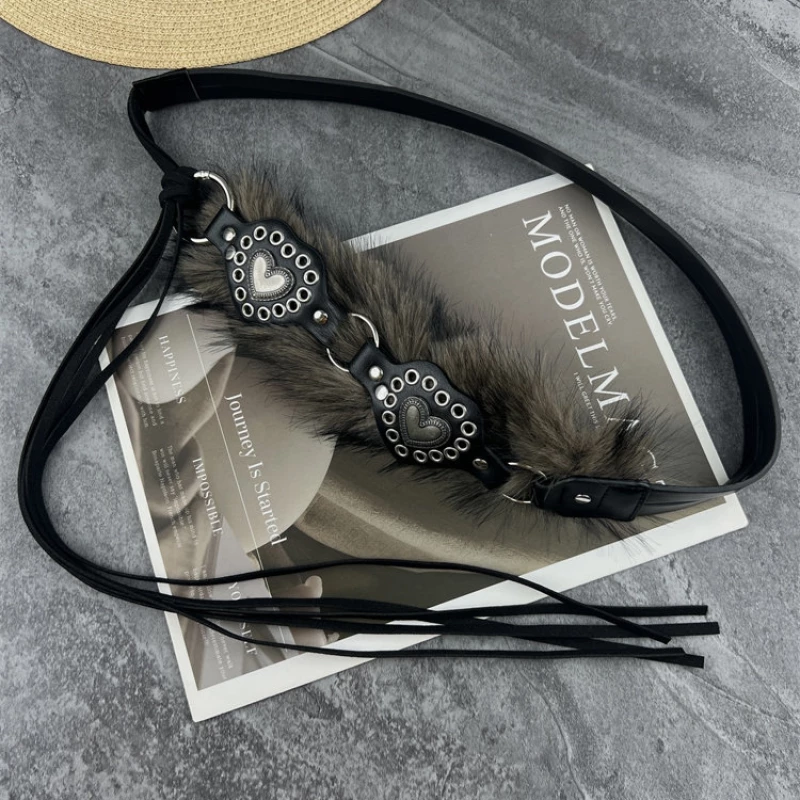 Women's Fashion Faux Fur Accent Belt with Alloy Ring Buckle