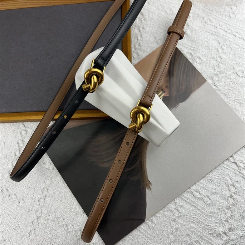 Women's Fashion Skinny Leather Belt with Gold-Tone Alloy Knot Buckle