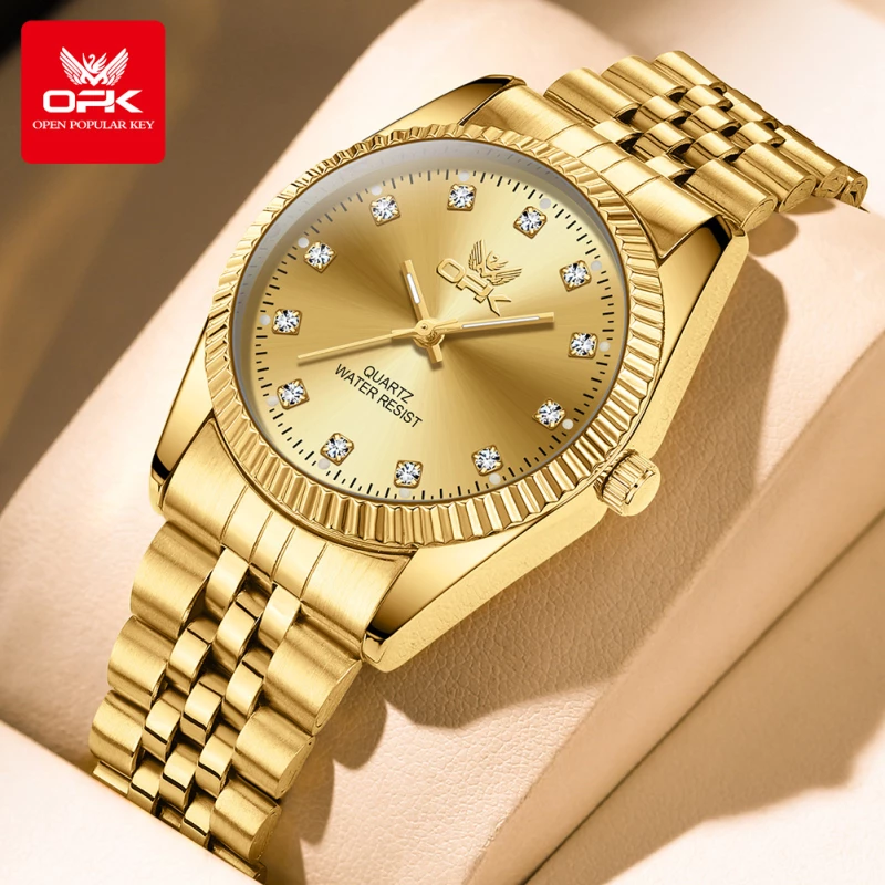 OPK Men's Gold-Tone Alloy Quartz Watch with Sunray Dial and Decorative Cubic Zirconia Accents