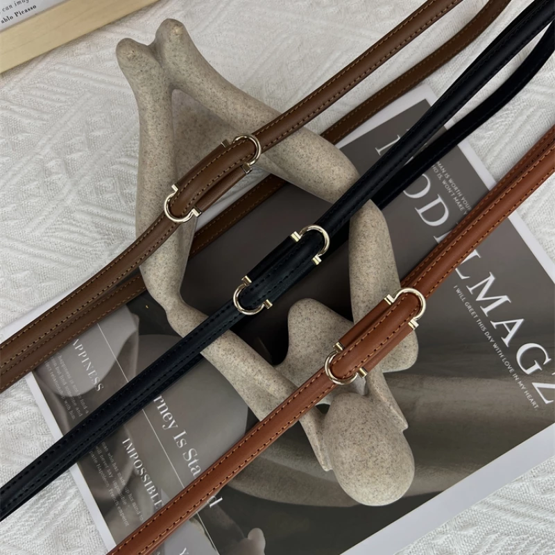 Women's Fashion Skinny Leather Belt with Gold-Tone Alloy Double Ring Buckle