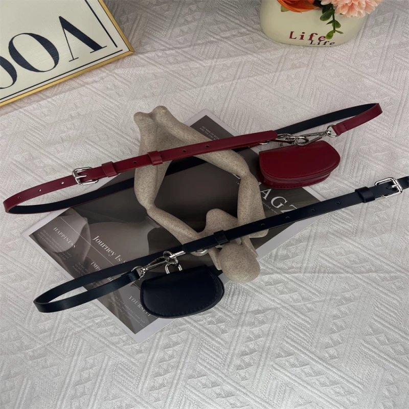 Women's Fashion Leather Belt with Attached Mini Pouch and Alloy Chain Detail
