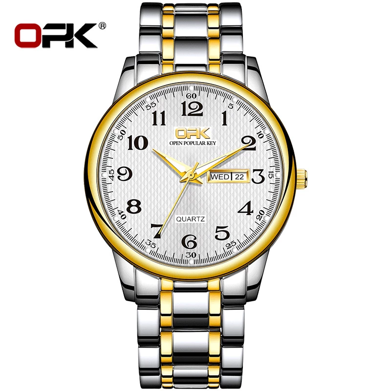 OPK Men's Two-Tone Alloy Quartz Watch with White Dial and Dual Day-Date Display