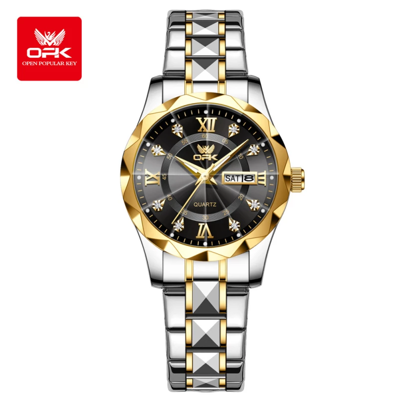 OPK Men's Two-Tone Alloy Quartz Watch with Black Dial, Dual Day-Date Display and Decorative Cubic Zirconia Accents