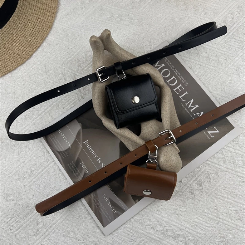 Women's Fashion Leather Belt with Attached Mini Leather Pouch