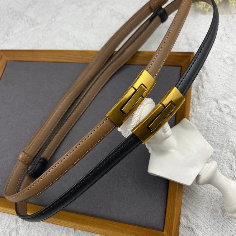 Women's Fashion Skinny Leather Belt with Gold-Tone Alloy Rectangular Buckle