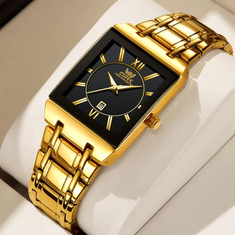 OPK Men's Gold-Tone Alloy Quartz Watch with Square Black Dial and Date Display