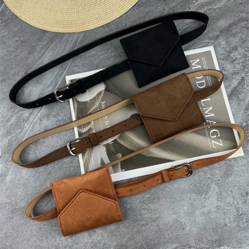 Women's Fashion Suede Belt with Attached Mini Pouch