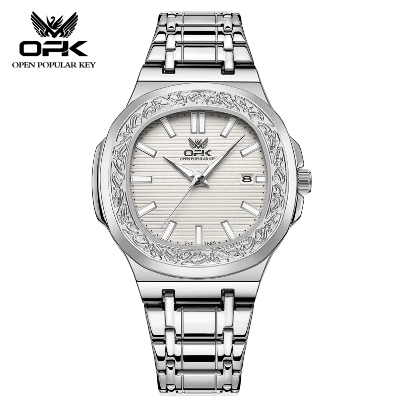 OPK Men's Silver Alloy Quartz Watch with Engraved Bezel, Textured Dial and Date Display