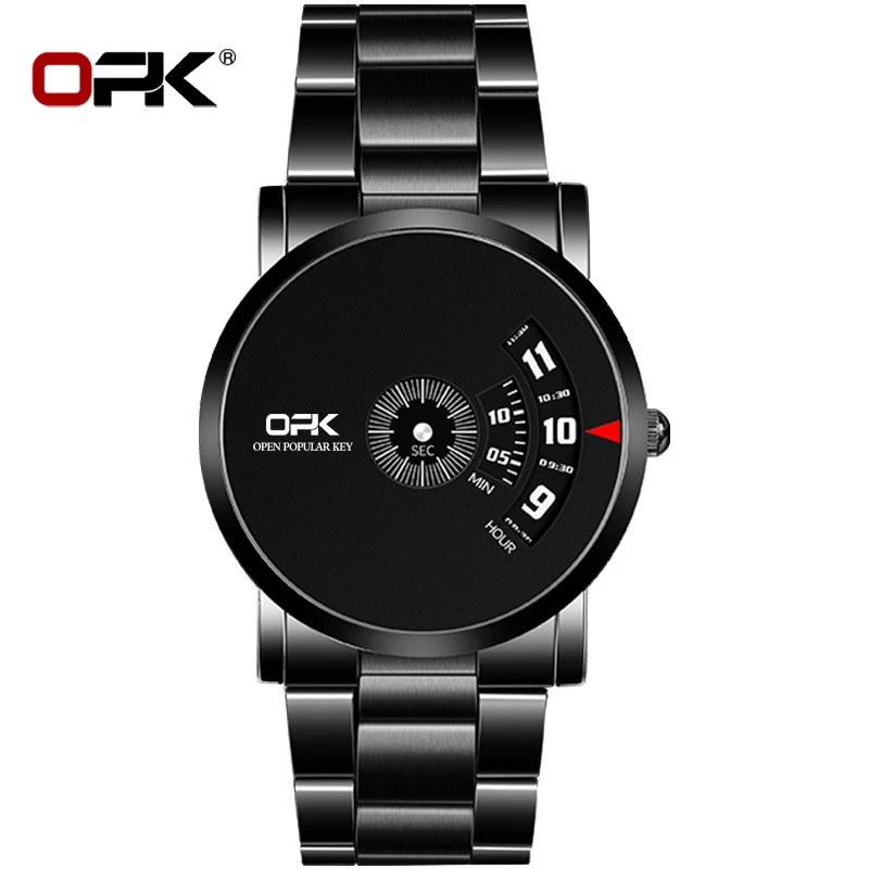 OPK Men's Black Alloy Quartz Watch with Offset Time Display and Sub-Second Dial