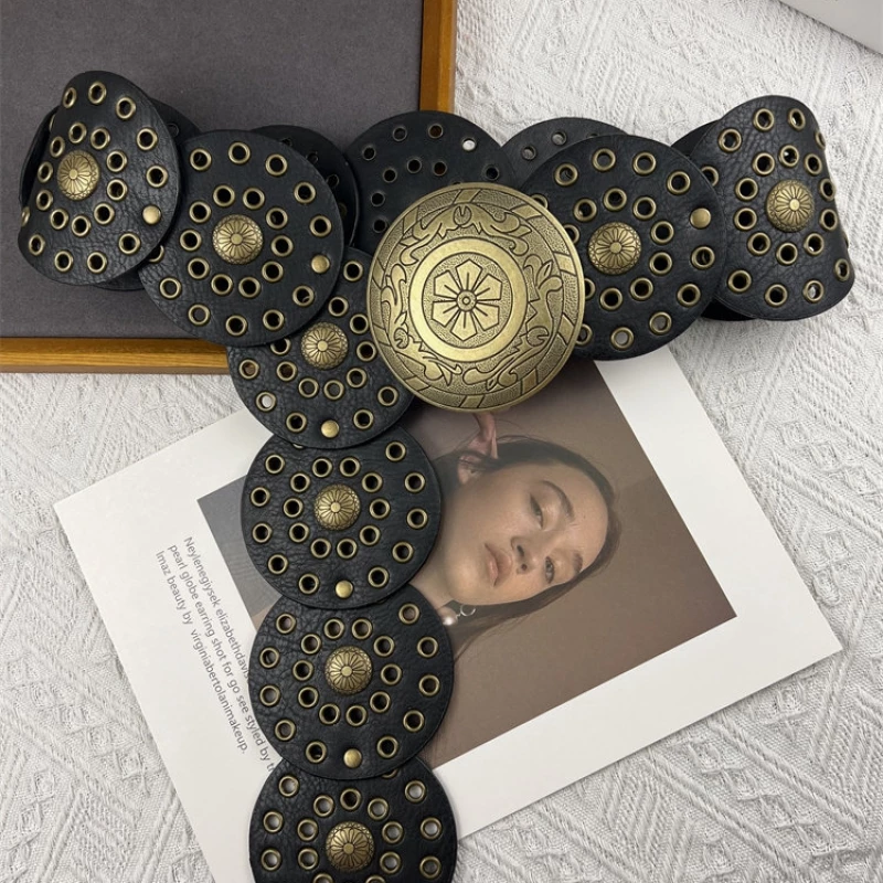 Women's Fashion Disc Leather Belt with Gold-Tone Alloy Accents