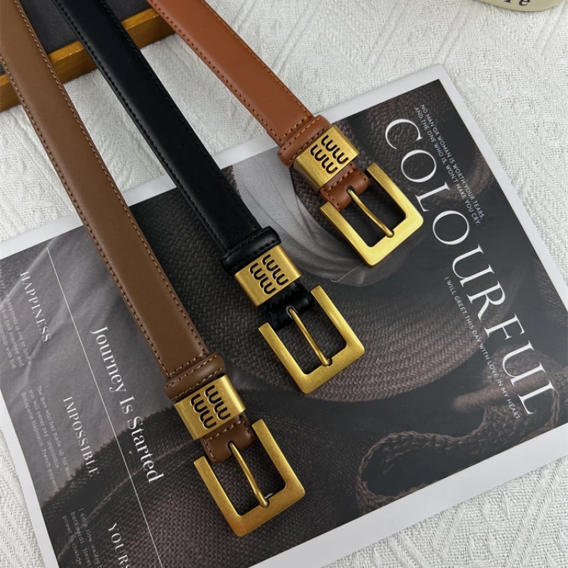 Women's Fashion Wide Leather Belt with Gold-Tone Alloy Buckle