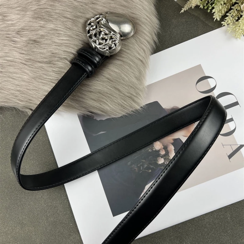 Women's Fashion Skinny Leather Belt with Silver-Tone Alloy Engraved Buckle