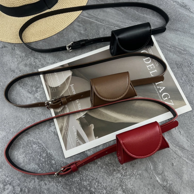 Women's Fashion Leather Belt with Attached Mini Leather Pouch