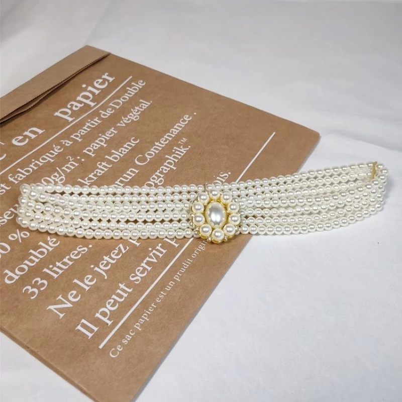 Women's Fashion Multi-Strand Faux Pearl Belt with Gold-Tone Alloy Clasp