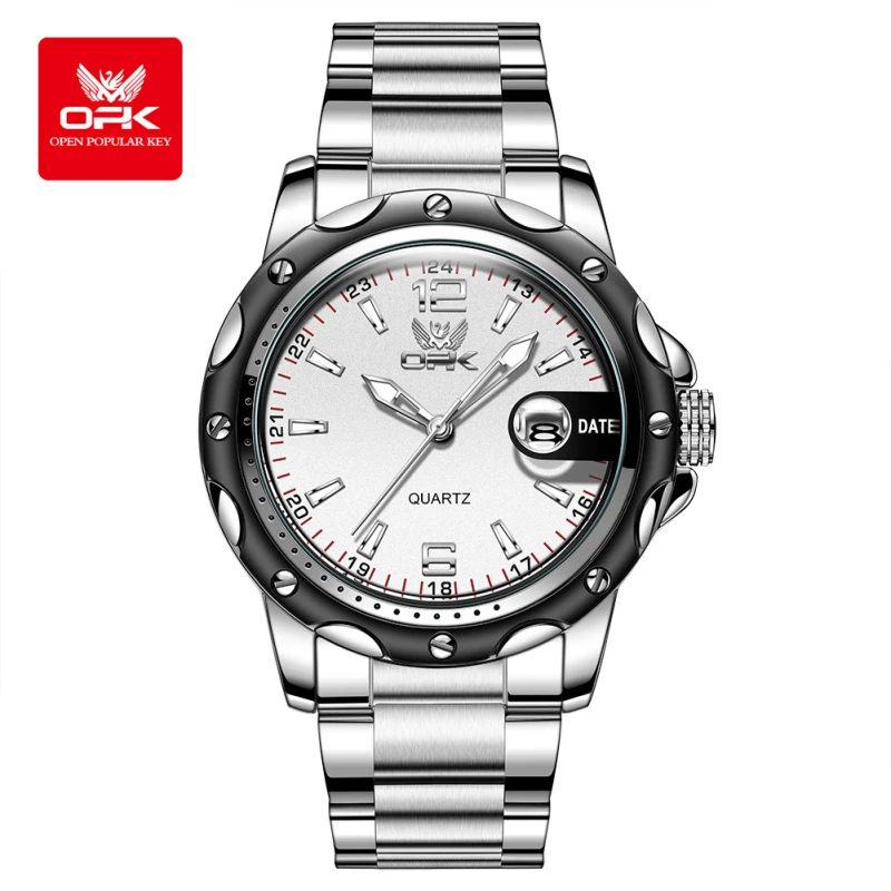 OPK Men's Silver Alloy Quartz Watch with 24-Hour Scale, Large Date Display and Rugged Bezel