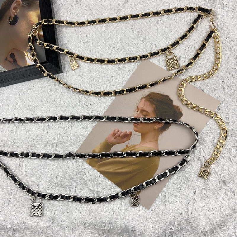 Women's Fashion Gold-Tone Alloy Chain Belt with Lock Accent