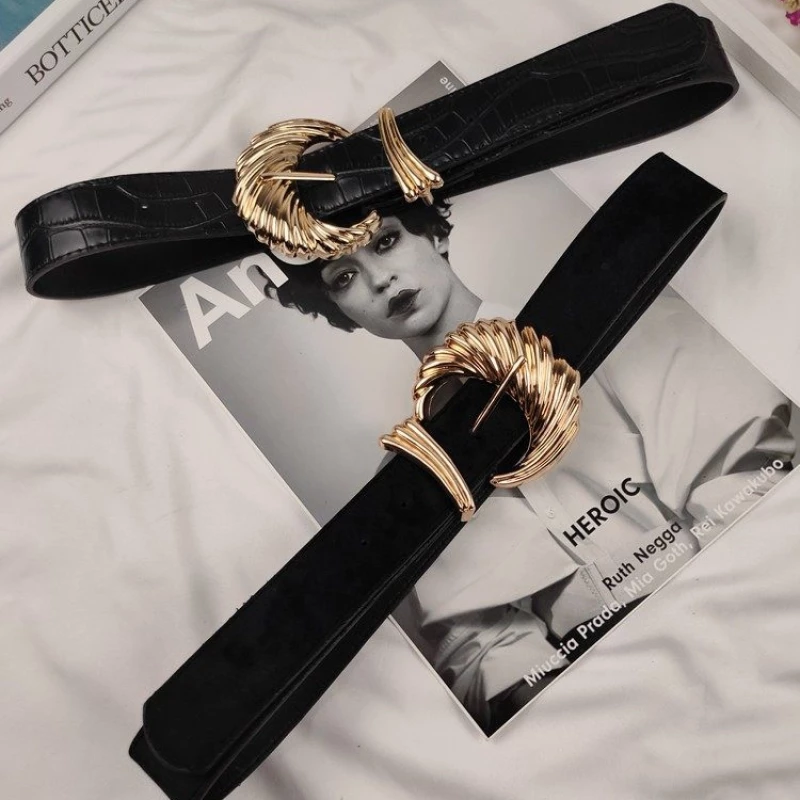 Women's Fashion Wide Leather Belt with Gold-Tone Alloy Swirl Buckle