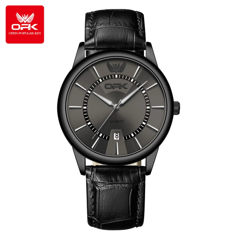OPK Black Fashion Quartz Watch with Leather Strap