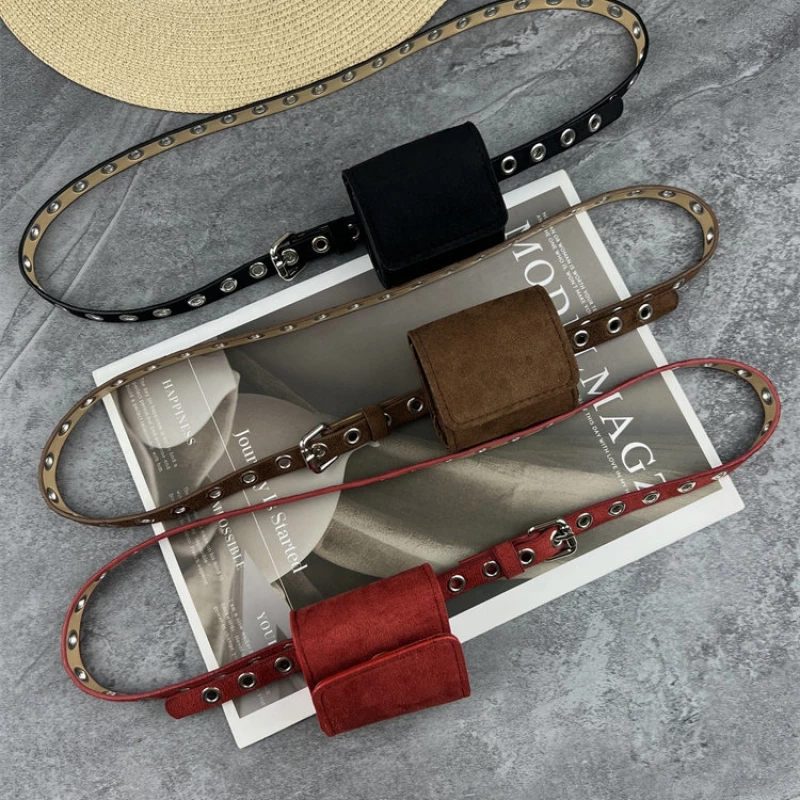 Women's Fashion Leather Belt with Attached Mini Pouch and Eyelet Detail