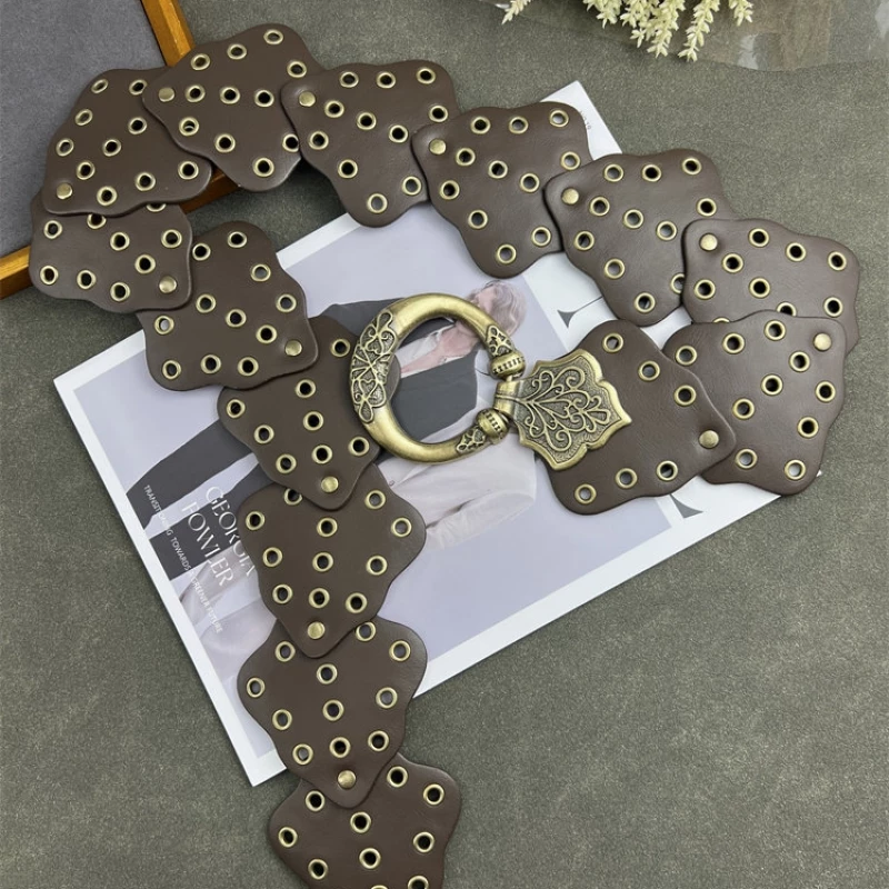 Women's Fashion Wavy Leather Belt with Antique Gold-Tone Alloy Buckle