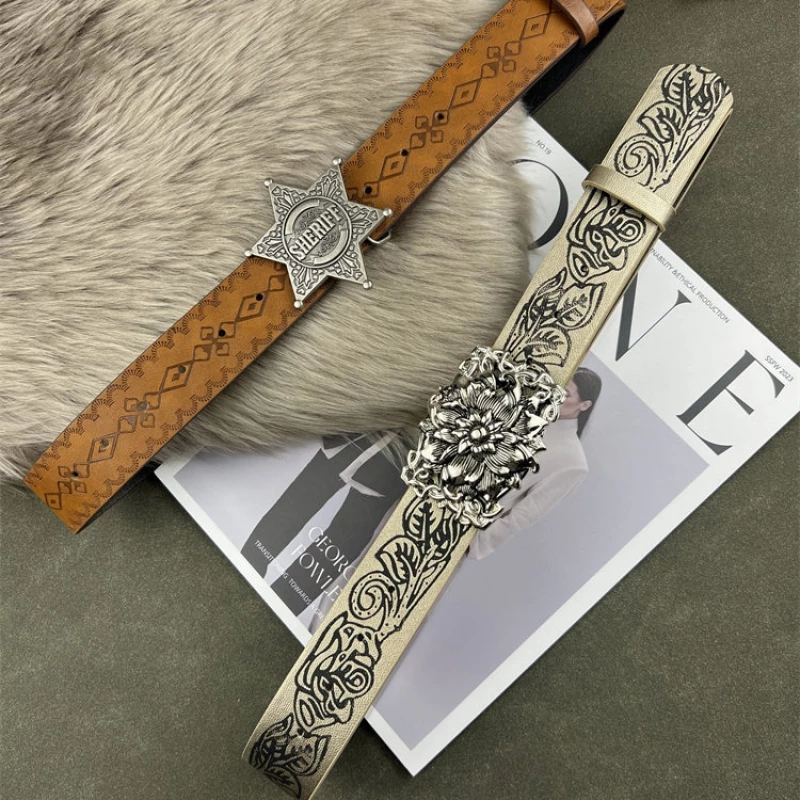 Women's Fashion Western-Style Tooled Leather Belt with Star Buckle
