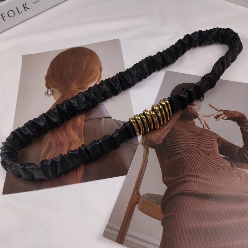 Women's Fashion Ruched Elastic Belt with Gold-Tone Alloy Accent