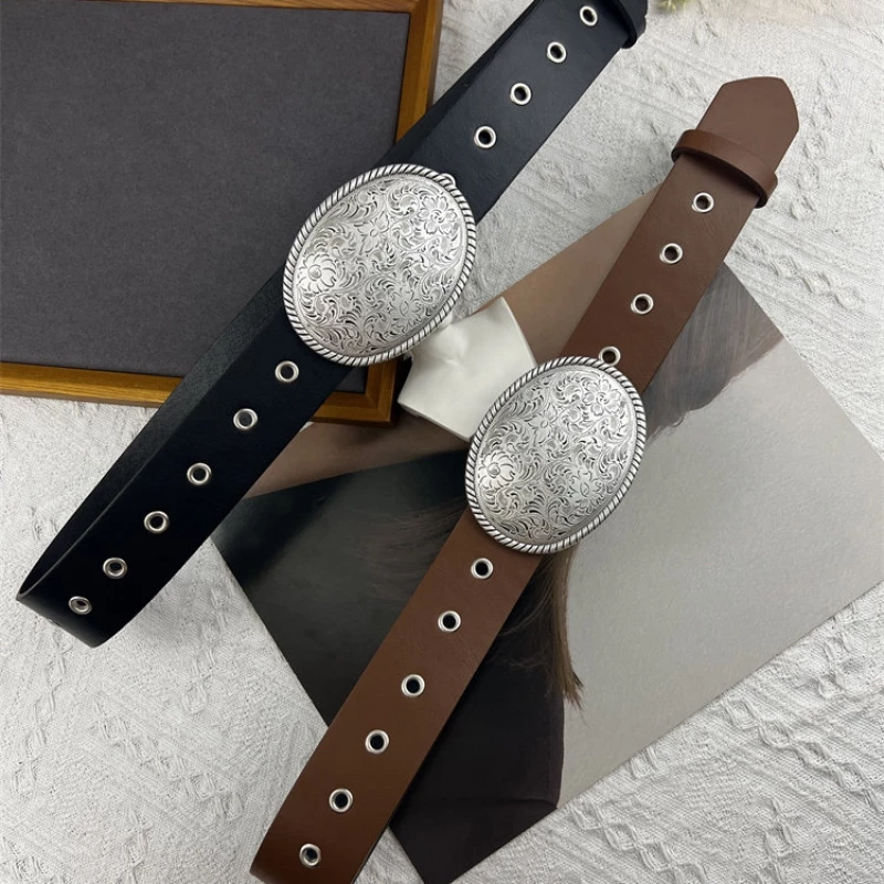 Women's Fashion Wide Leather Belt with Silver-Tone Engraved Buckle