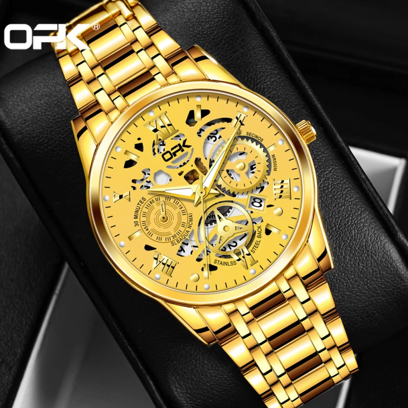 OPK Men's Gold-Tone Alloy Quartz Watch with Skeleton Dial and Multi-Sub-Dial Design