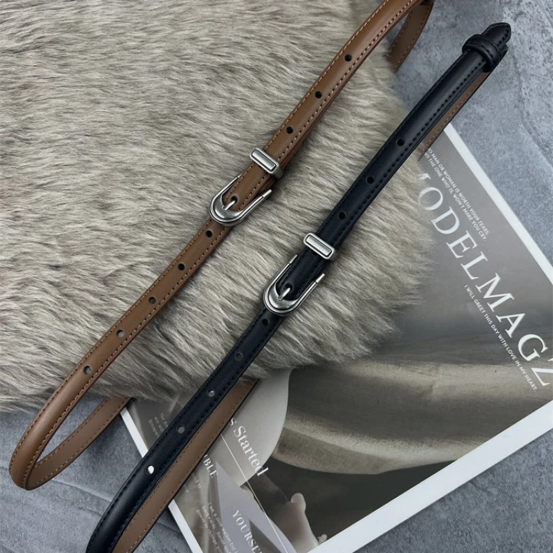 Women's Fashion Slim Leather Belt with Silver-Tone Alloy Buckle