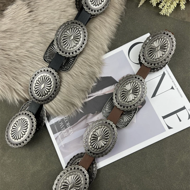 Women's Fashion Black Leather Belt with Silver-Tone Concho Accents