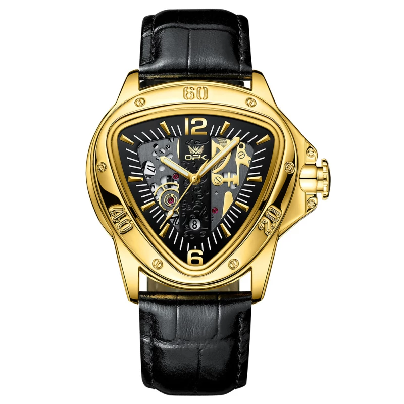 OPK Men's Gold-Tone Alloy Quartz Watch with Triangle Skeleton Dial and Black Leather Strap