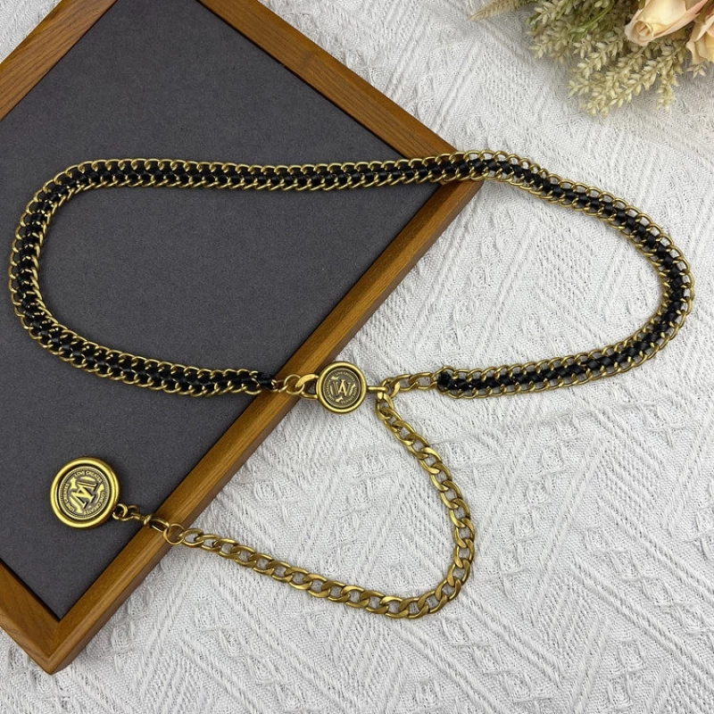 Women's Fashion Two-Tone Alloy Chain Belt with Medallion Accent