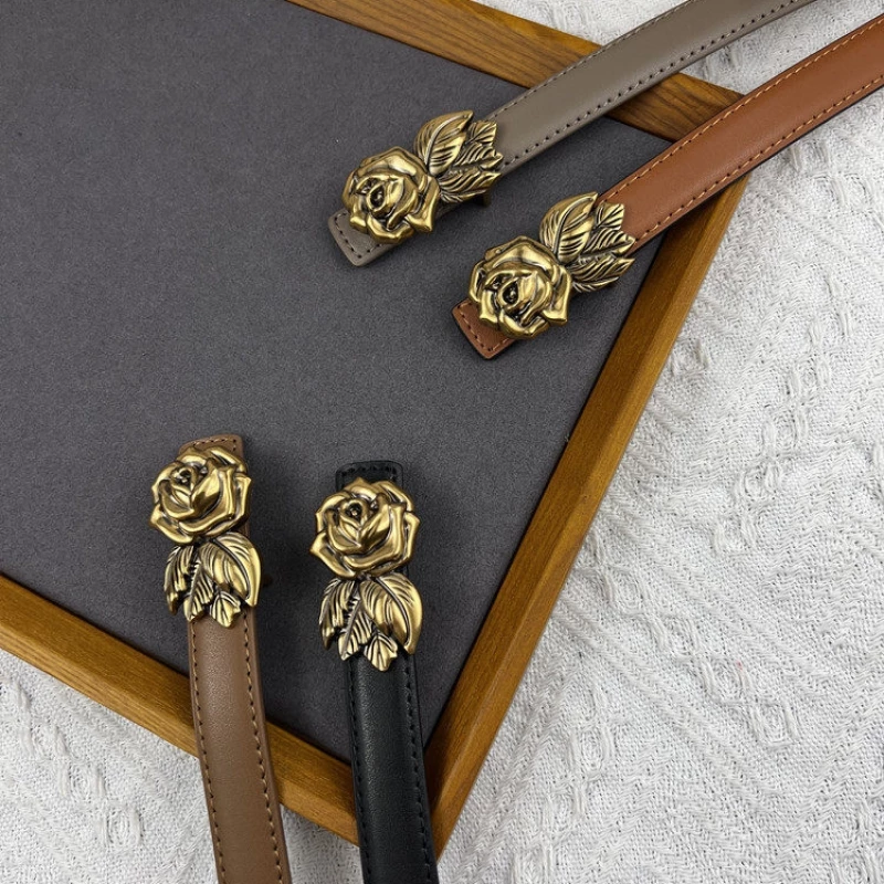Women's Fashion Skinny Leather Belt with Gold-Tone Alloy Rose Buckle