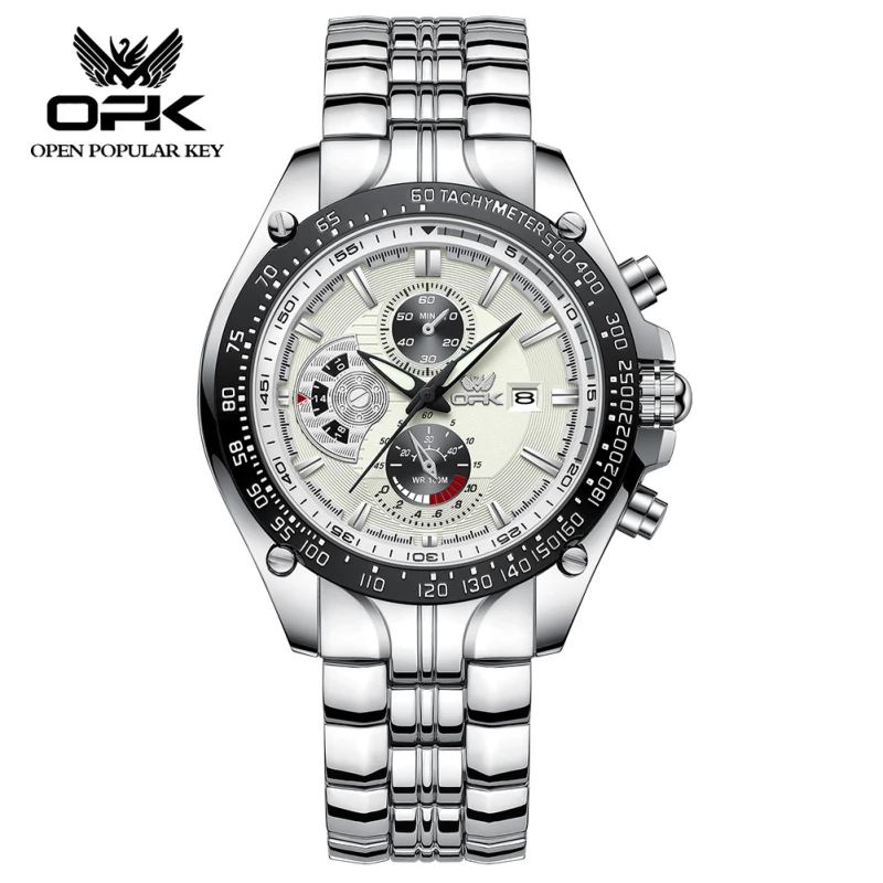 OPK Men's Silver Alloy Quartz Watch with Tachymeter Bezel, Chronograph Sub-Dials and Date Display
